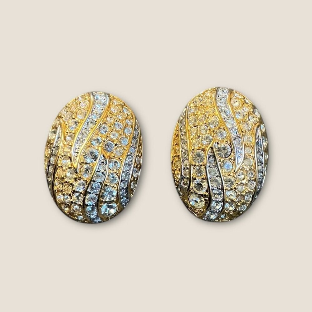Vintage  80s Oval Gold Tone Crystal Pave Statement Earrings